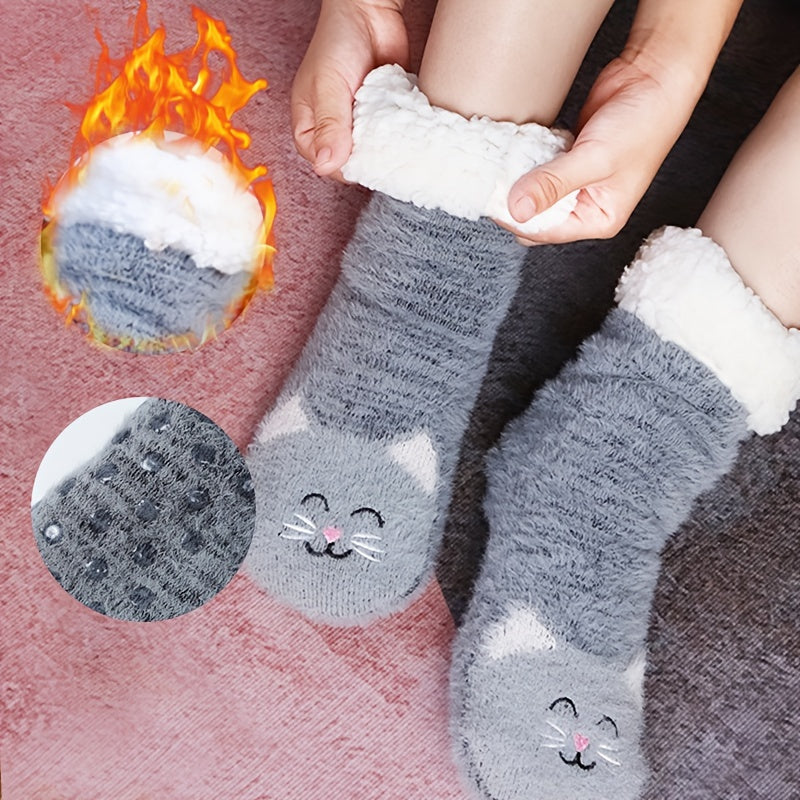Cartoon Cat Print Non-slip Socks Plush & Comfy Women's Stockings