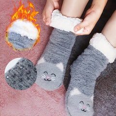 Cartoon Cat Print Non-slip Socks Plush & Comfy Women's Stockings
