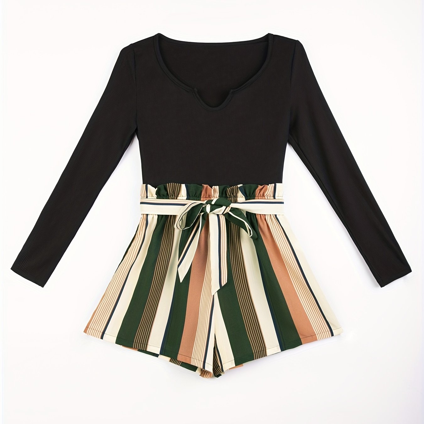 Striped Print Splicing Romper Casual Long Sleeve Wide Leg Romper