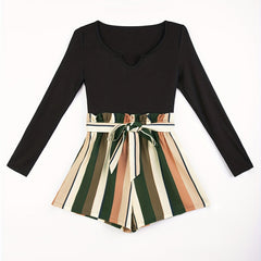 Striped Print Splicing Romper Casual Long Sleeve Wide Leg Romper