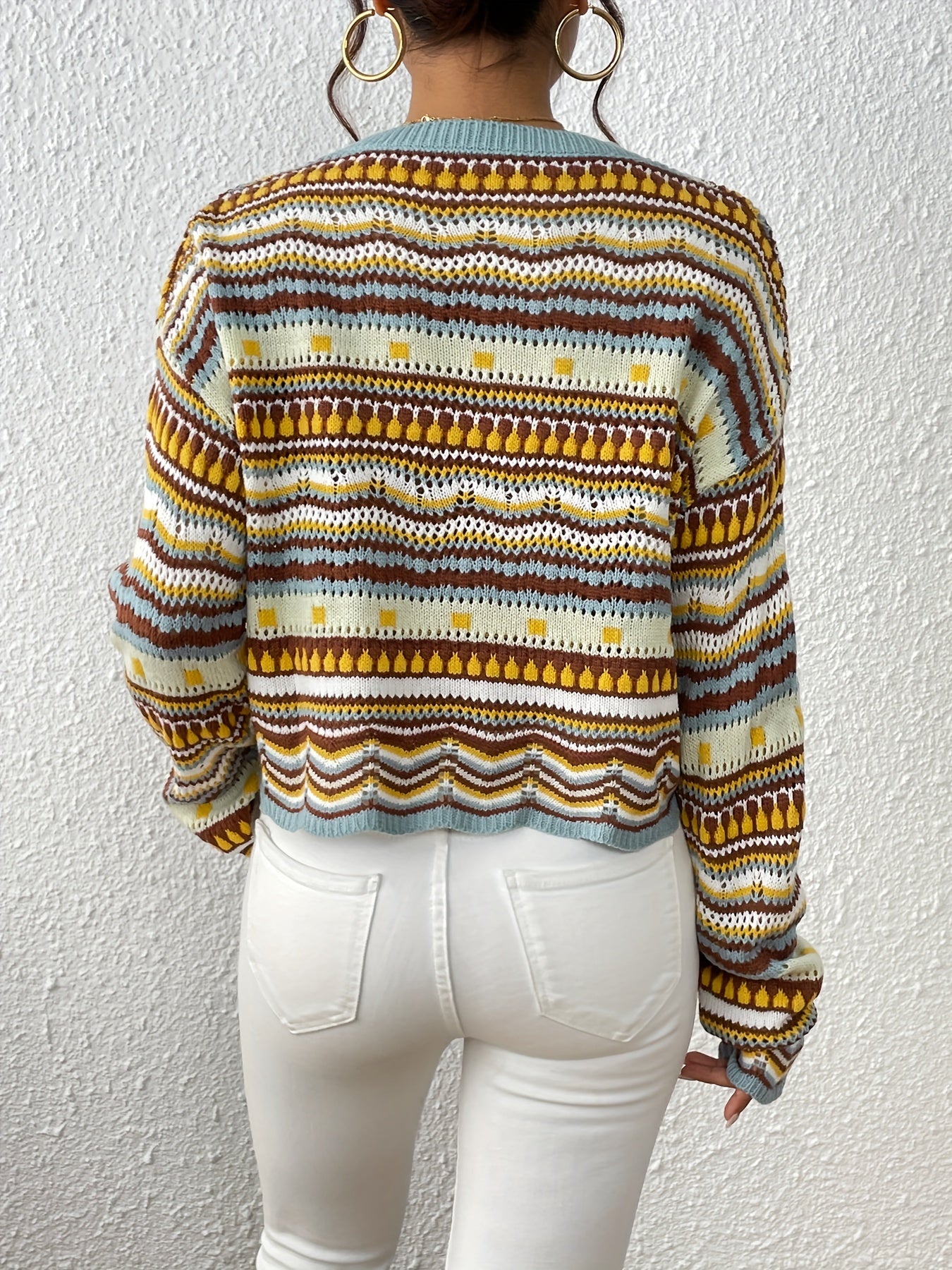 Ethnic Print Eyelet Knit Sweater Casual Crew Neck Long Sleeve Sweater