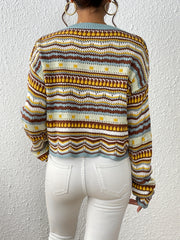 Ethnic Print Eyelet Knit Sweater Casual Crew Neck Long Sleeve Sweater