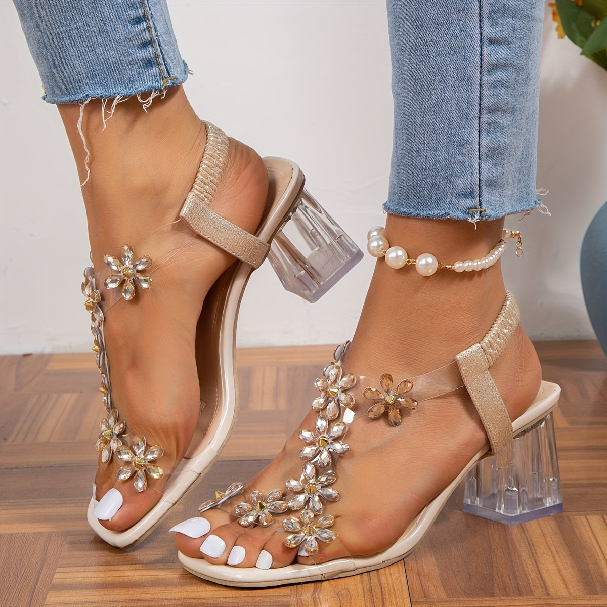 Women's Rhinestone Chunky Heel Sandals Slip On Shoes