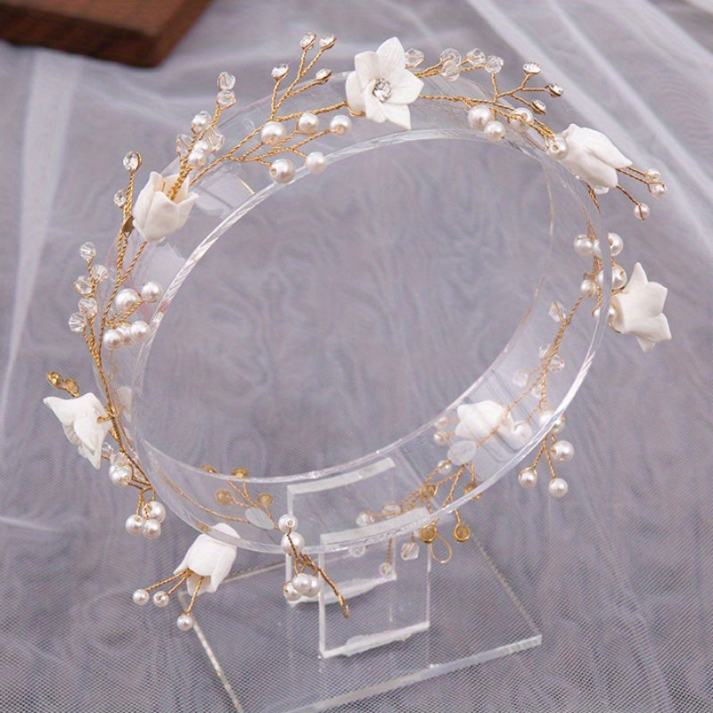 Faux Pearl Flower Headband Tiara for Women Party Hair Accessory