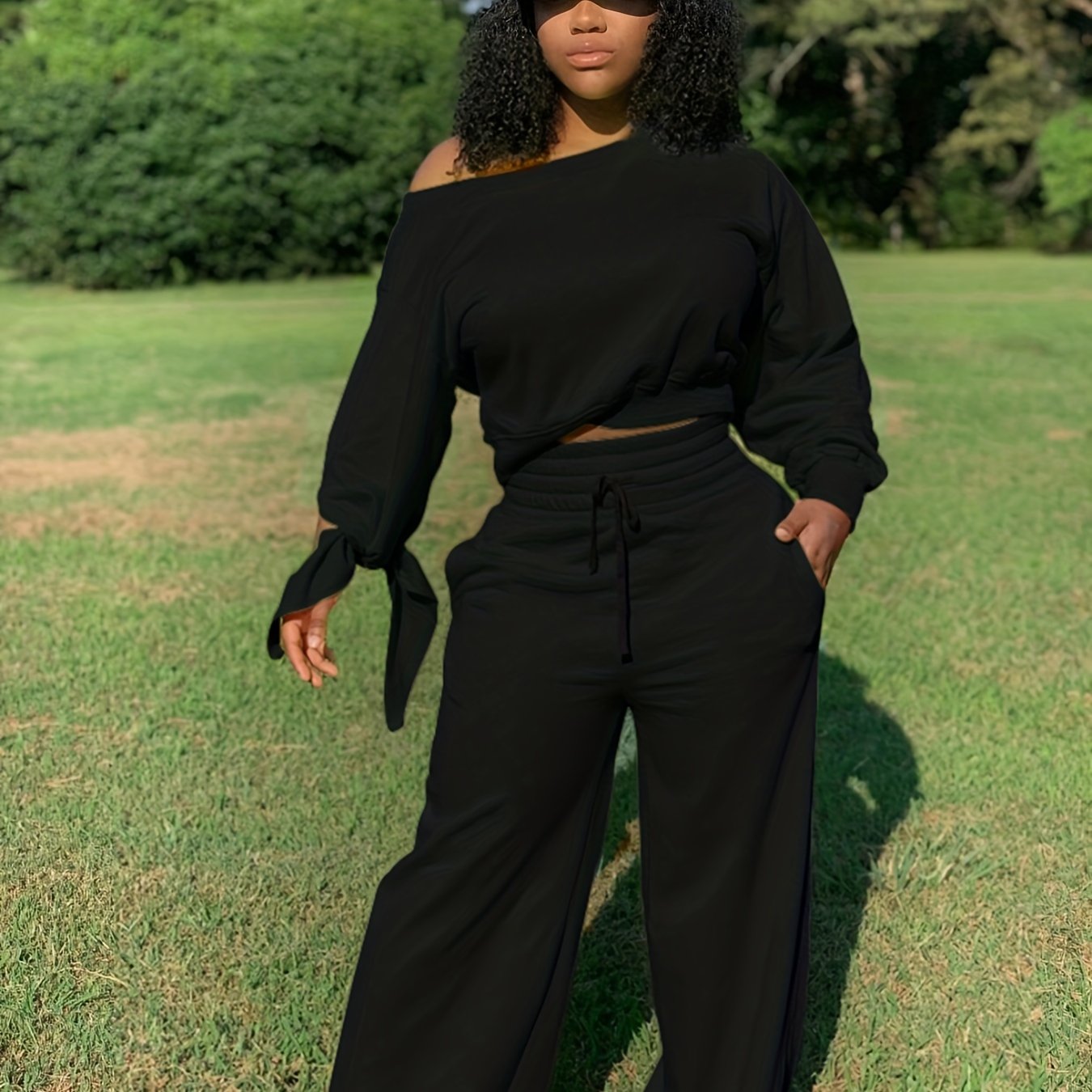 Slanted Shoulder Long Sleeve Tops & Drawstring Pants Set