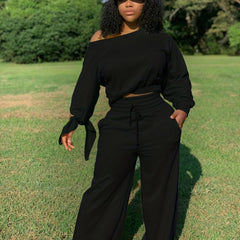 Slanted Shoulder Long Sleeve Tops & Drawstring Pants Set