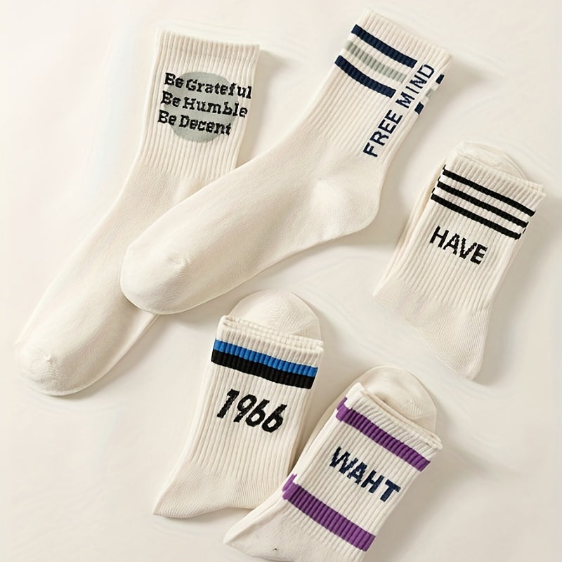 5 Pairs Letter Striped Socks Comfy & Breathable Women's Stockings