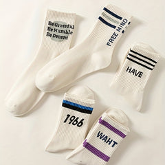 5 Pairs Letter Striped Socks Comfy & Breathable Women's Stockings