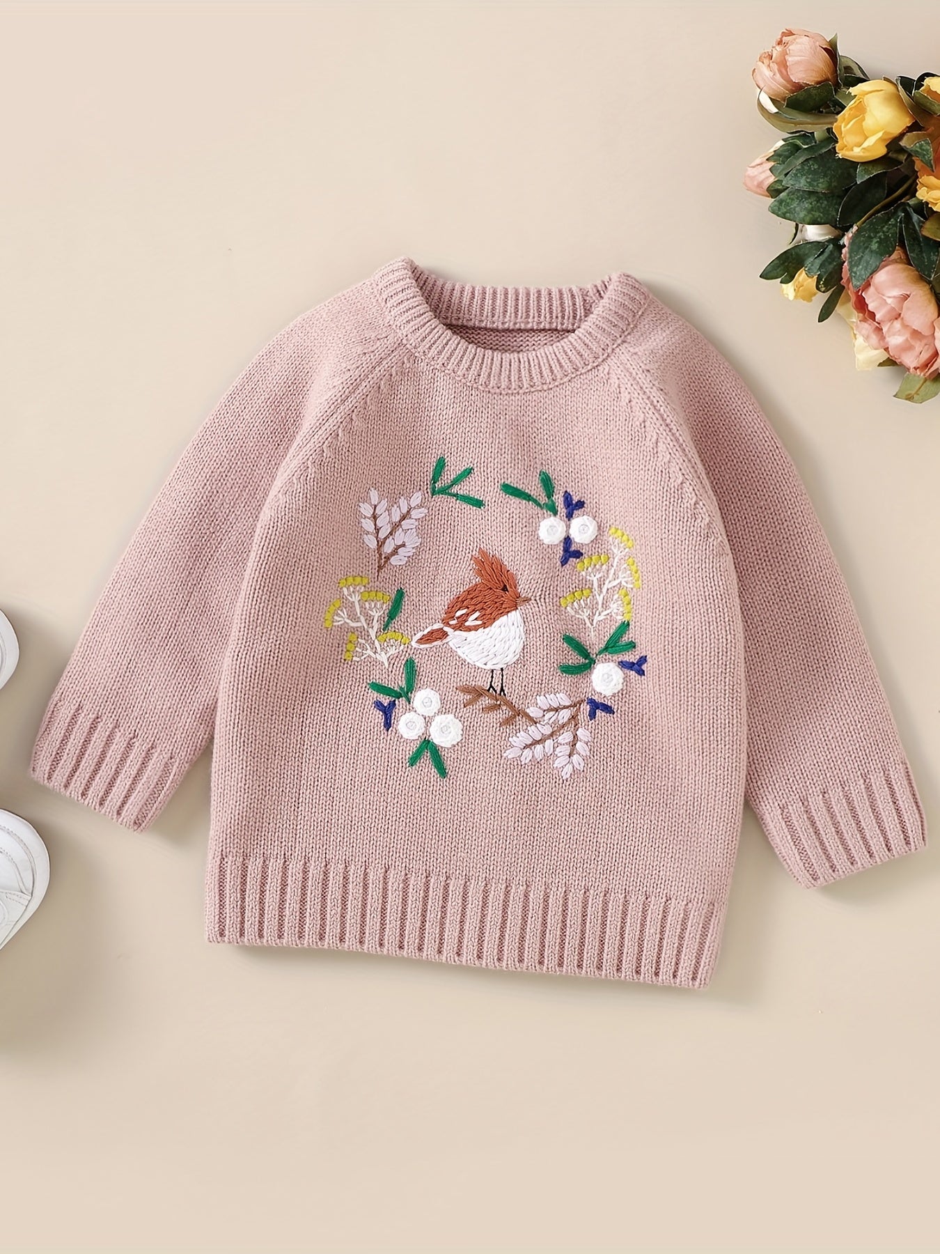 Baby Knitted Sweater Kids Pullover Top Floral Bird Embroidered Blouse