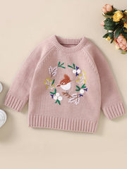 Baby Knitted Sweater Kids Pullover Top Floral Bird Embroidered Blouse