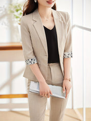 Solid Button Front Blazer Lapel Roll Up Sleeve Blazer Office Work