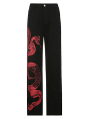 Snake Print Straight Legs Jeans Contrast Loose Denim Long Pants
