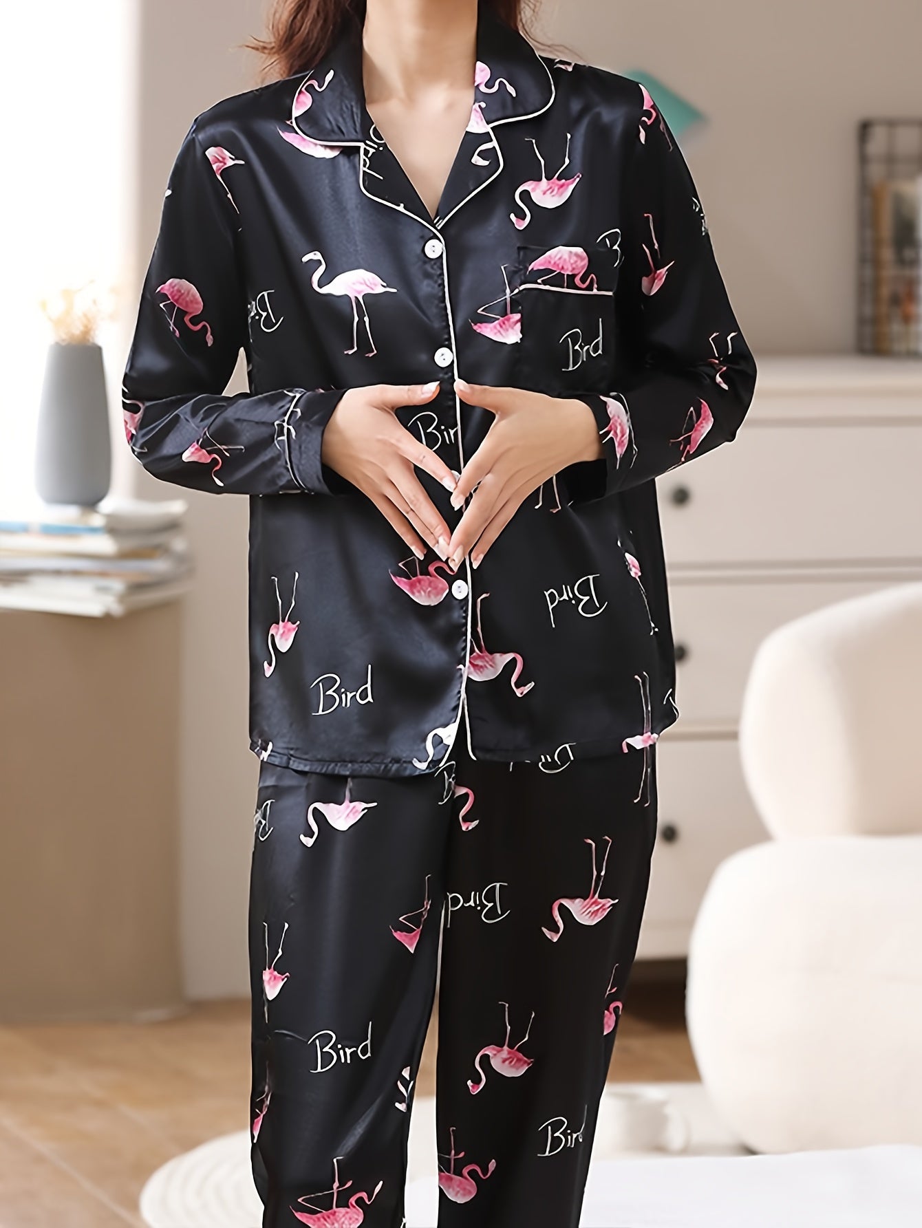 Flamingo Print Satin Pajama Set for Women
