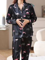 Flamingo Print Satin Pajama Set for Women