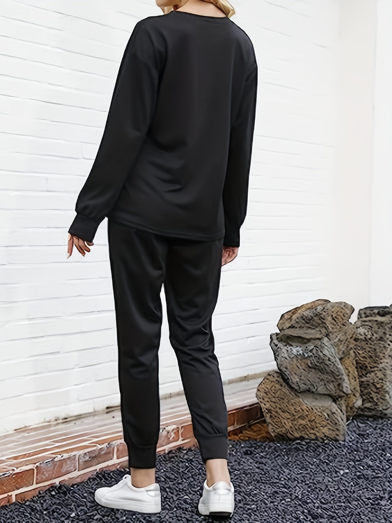 Solid Casual Two piece Set Crew Neck Long Sleeve Tops & Workout Pants