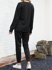 Solid Casual Two piece Set Crew Neck Long Sleeve Tops & Workout Pants