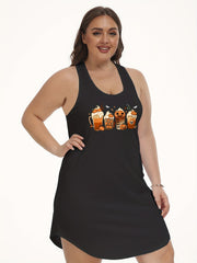 Plus Size Halloween Pumpkin Milkshake Print Tank Nightdress