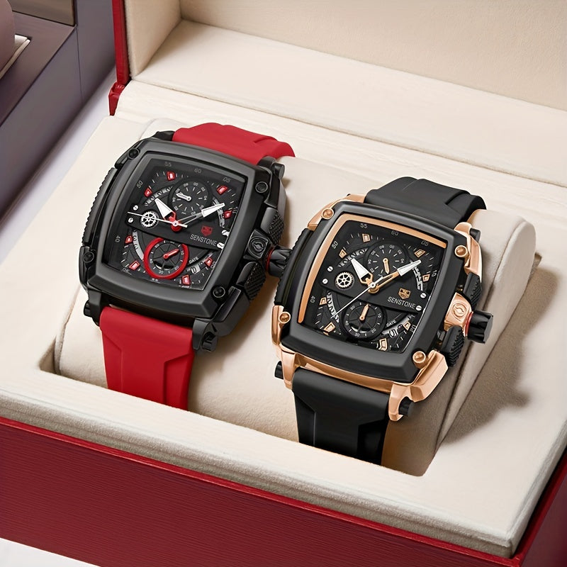 SENSTONE Square Sports Watch Stainless Steel Multifunction Chronograph