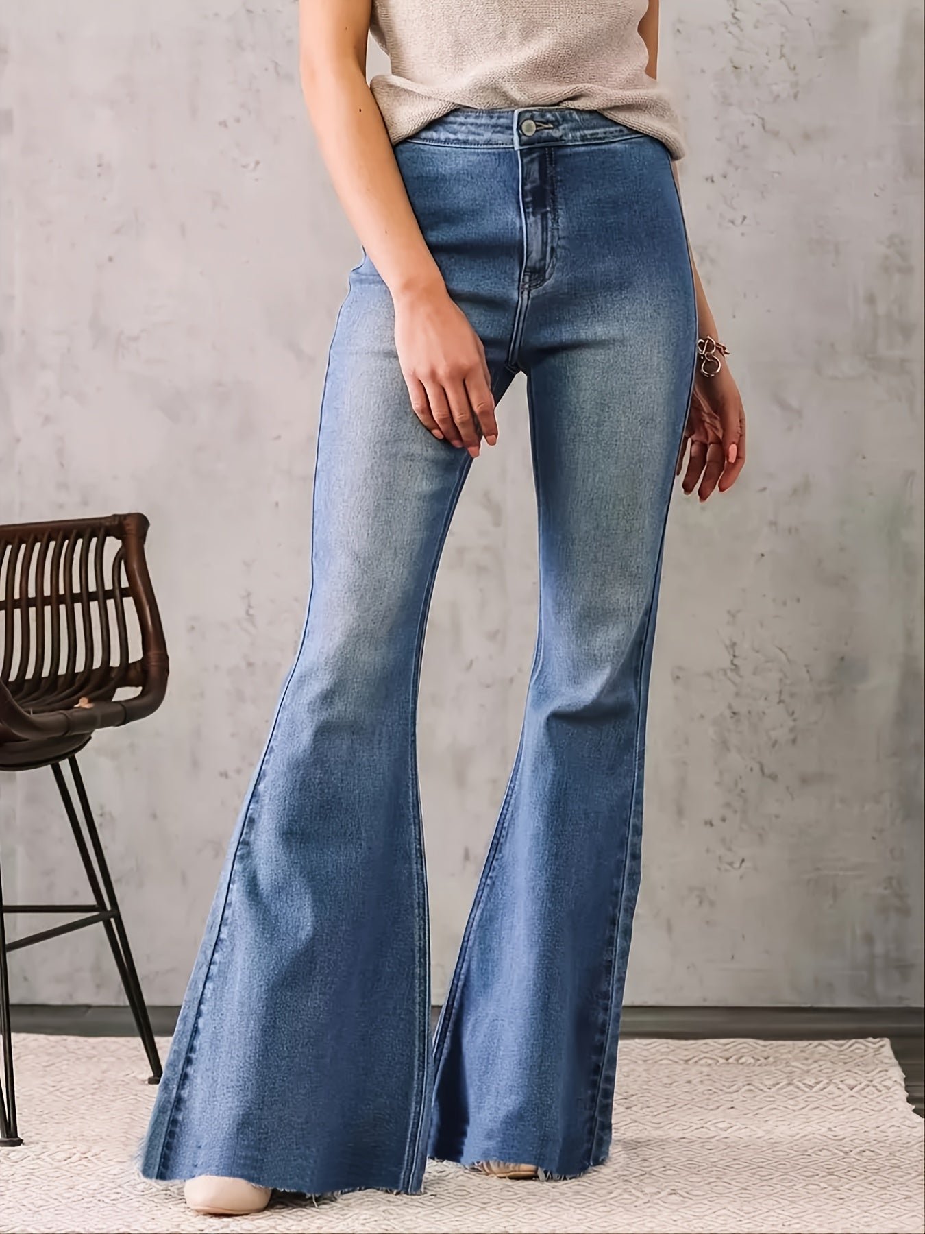 Women's High Waist Flare Leg Pants Stretch Denim Retro Solid Flared Jeans