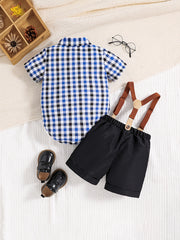 Plaid Outfit Baby Boys 2pc Bowtie Shirt & Suspender Shorts Set