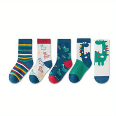 5pcs Kids Boys Dinosaur Striped Cotton Mid Tube Socks