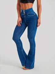 Mid Waist Flare Leg Jeans Sexy Medium Strech Button Fly Denim Pants