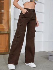 Solid Coffee Brown Cargo Jeans Side Flap Pocket High Rise Loose Denim Pants