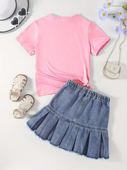 Girl's HAPPY EVERY Letter Tee Top & Denim Skirt Set