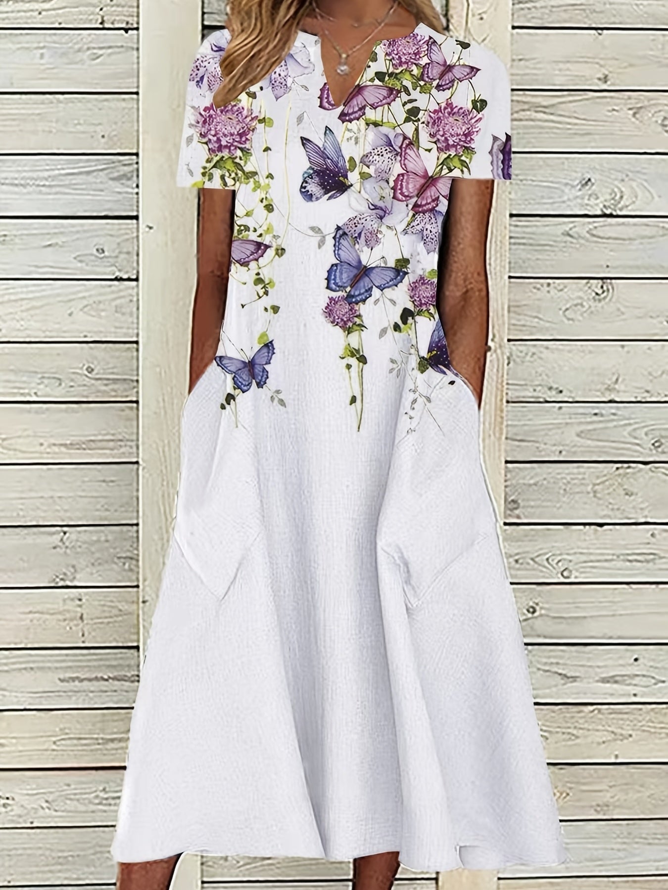Floral Split Crew Neck Maxi Dress Short Sleeve