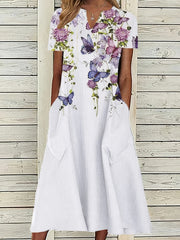 Floral Split Crew Neck Maxi Dress Short Sleeve