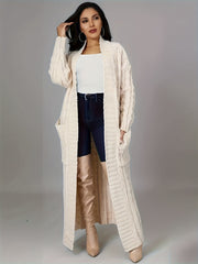 Solid Cable Long Sleeve Maxi Cardigan With Pockets