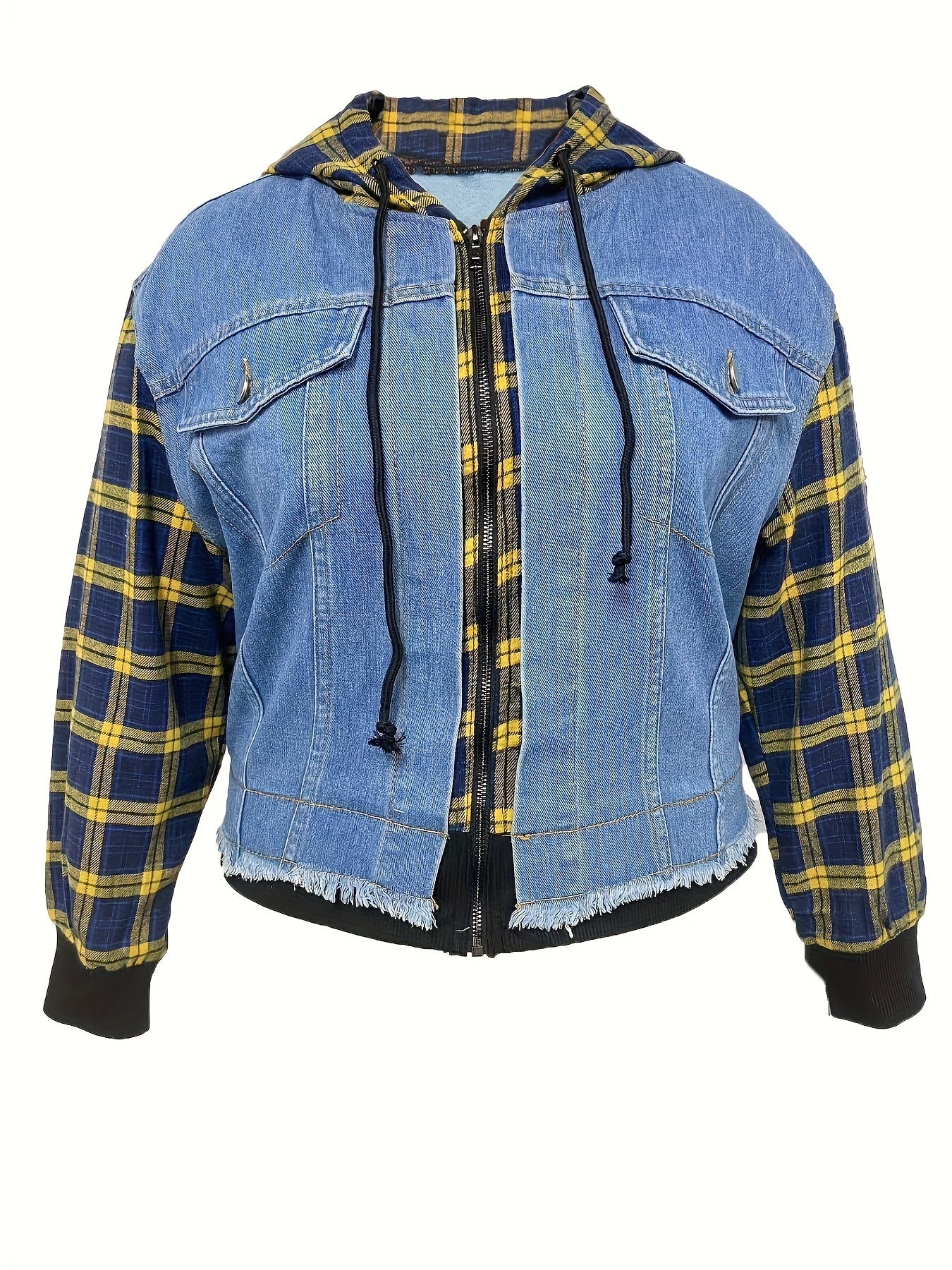 Colorblock Plaid Hooded Denim Jacket