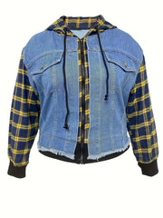 Colorblock Plaid Hooded Denim Jacket