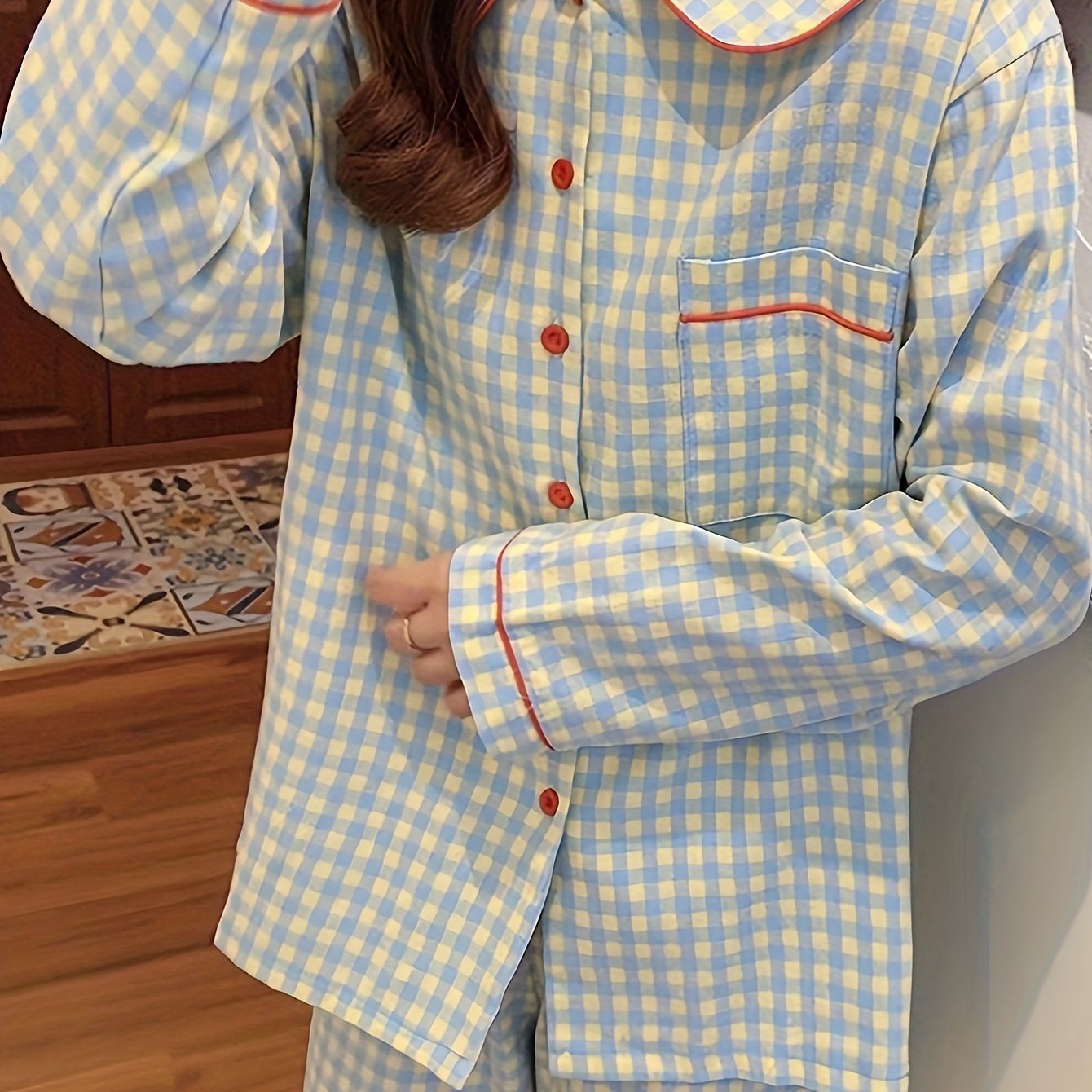 Plaid Button Down Pajamas Blouse & Pants Set