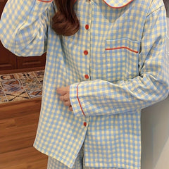 Plaid Button Down Pajamas Blouse & Pants Set