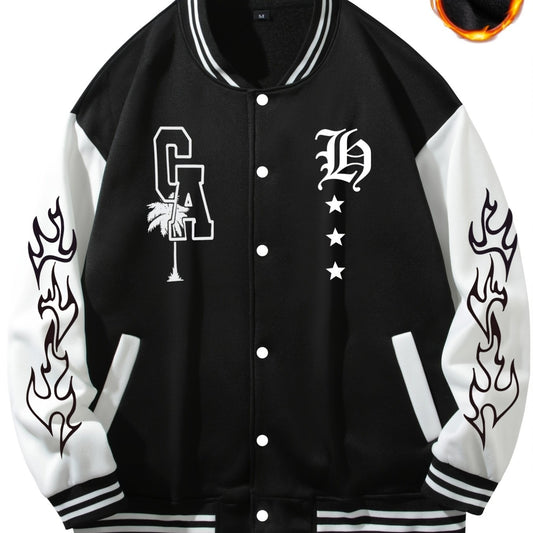 Men's Star Embroidery Varsity Jacket, Spring Fall School Baseball