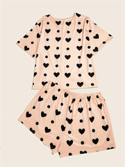 Heart & Dot Print T-shirt & Shorts Pajama Set