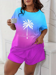 Ombre Coconut Tree Print Plus Size Pajama Set