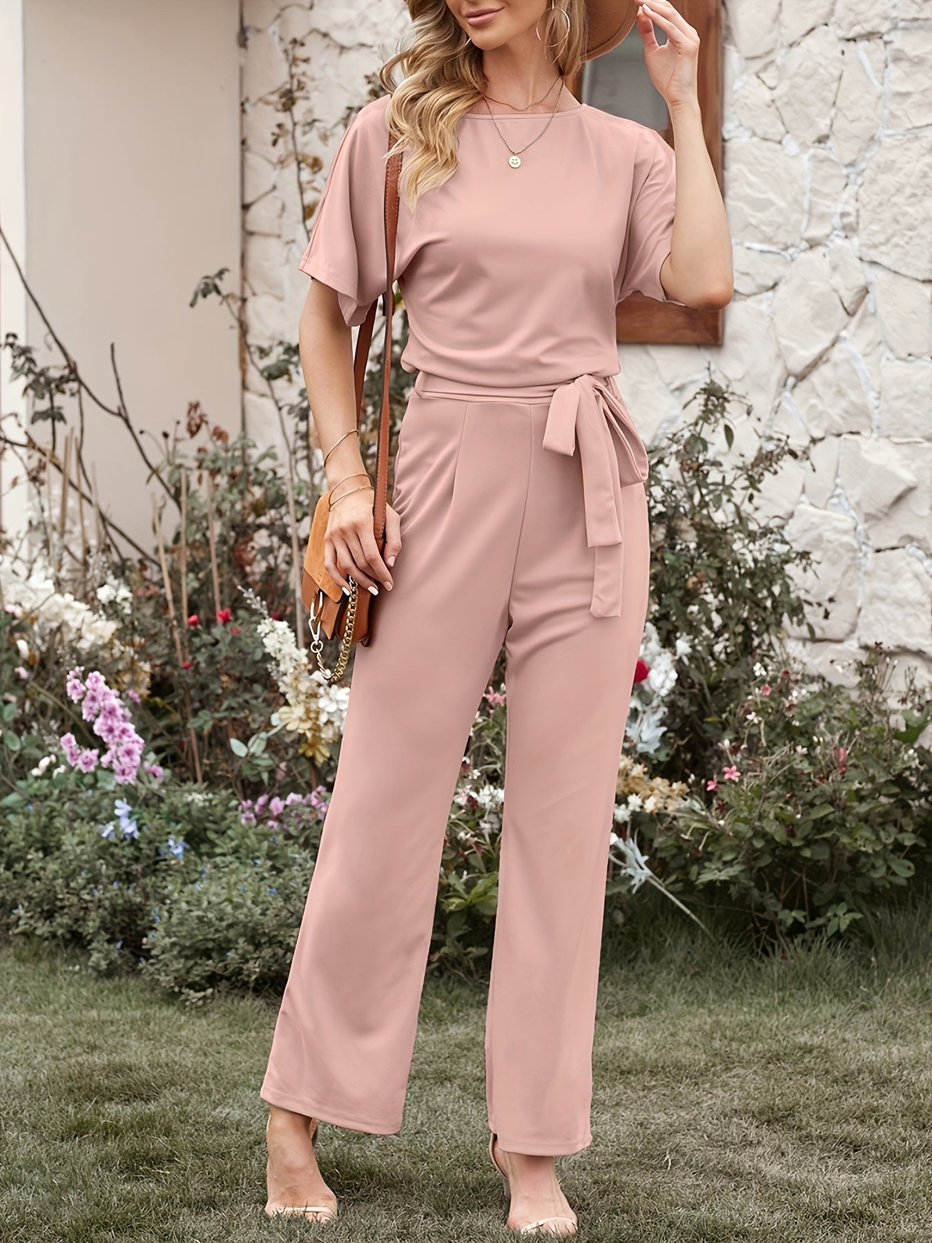 Solid Crew Neck Short Sleeve Jumpsuit High Waist Wide Leg Long Length With Belt