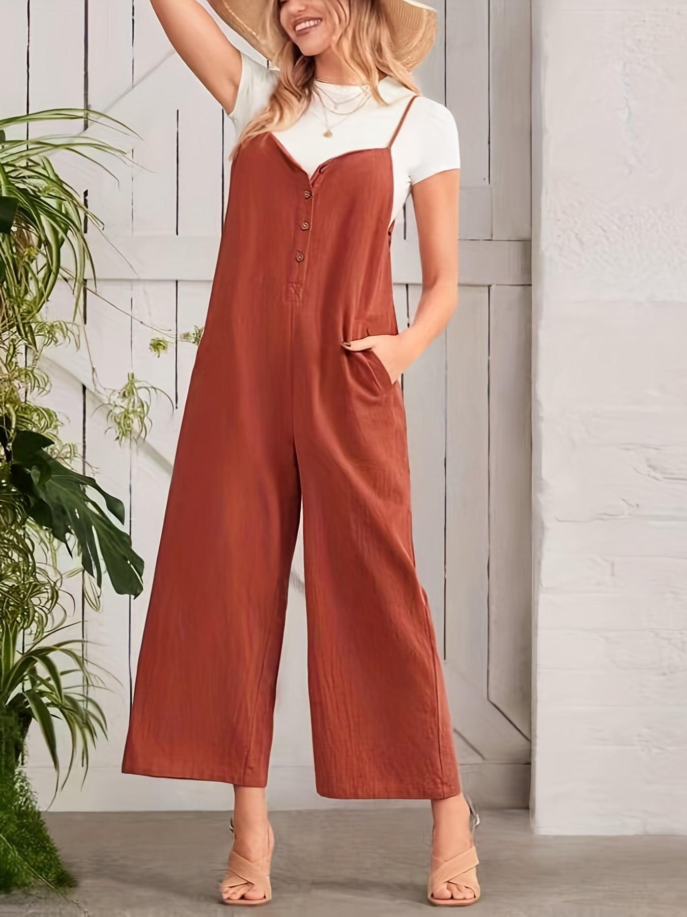Wide Leg Spaghetti Jumpsuit V Neck Casual Sleeveless