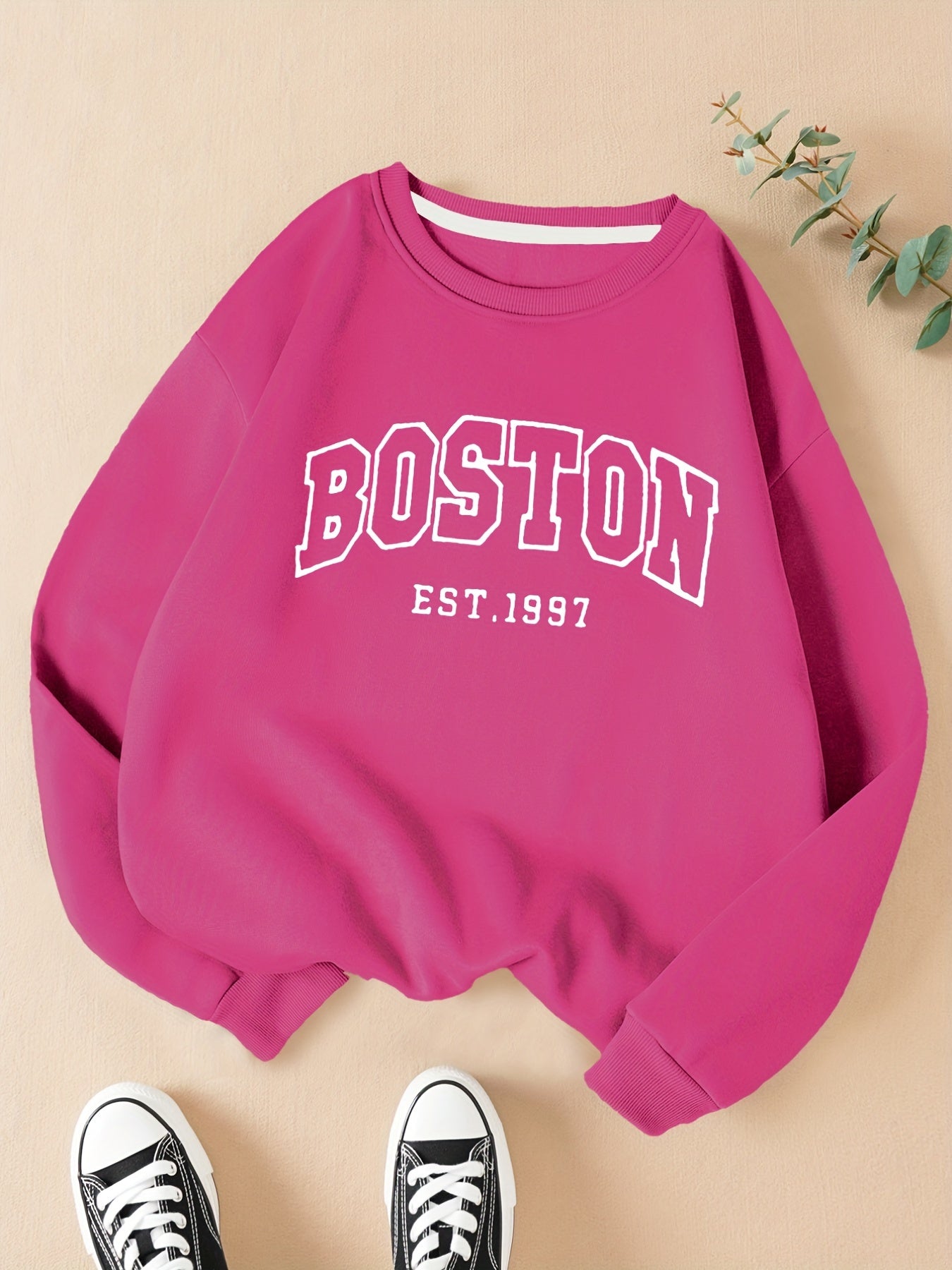 Boston Letter Print Crew Neck Sweatshirt