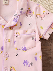 2pcs Girls Unicorn Pajama Set V-Neck Short Sleeve Top & Shorts
