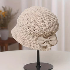 Hand Knitted Bucket Hat Vintage Bow Crochet Fisherman Hat