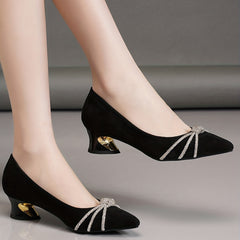 Rhinestone Knot Chunky Heel Point Toe Pumps