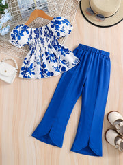 Girls Floral Print Shirred Shirt & Flared Pants Set