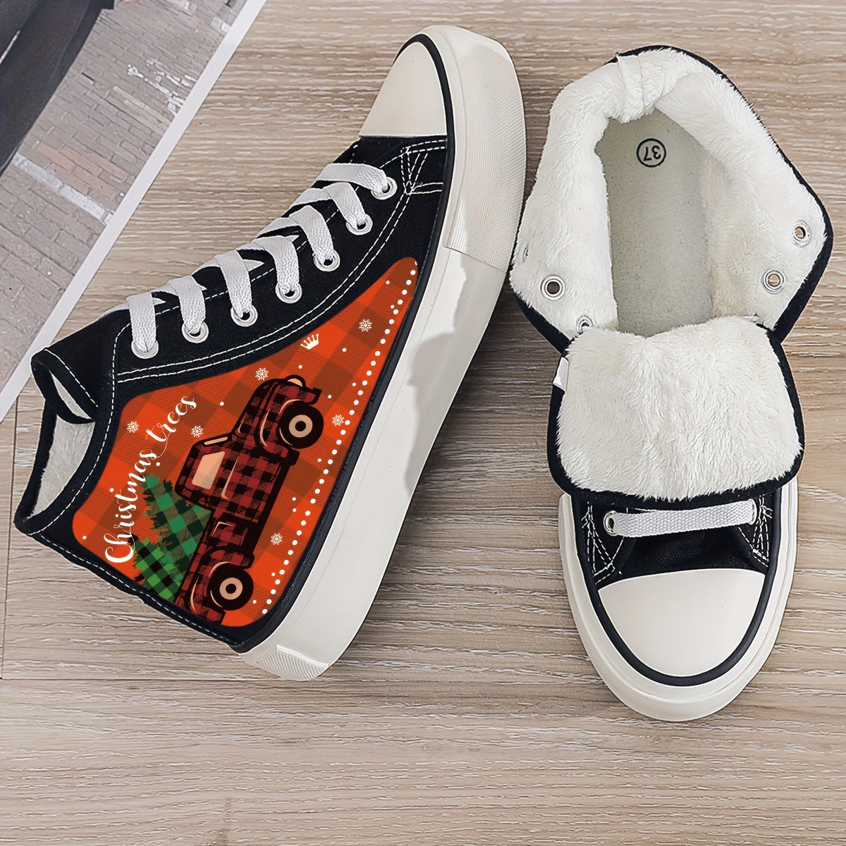 Christmas Truck Print Plush Lined Chunky Canvas Sneakers