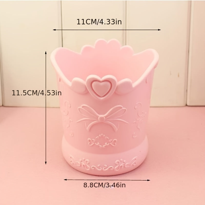 Bow Love Heart Shape Pen Holder Pink Bucket Desk Organizer Stationery
