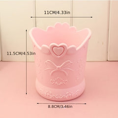 Bow Love Heart Shape Pen Holder Pink Bucket Desk Organizer Stationery