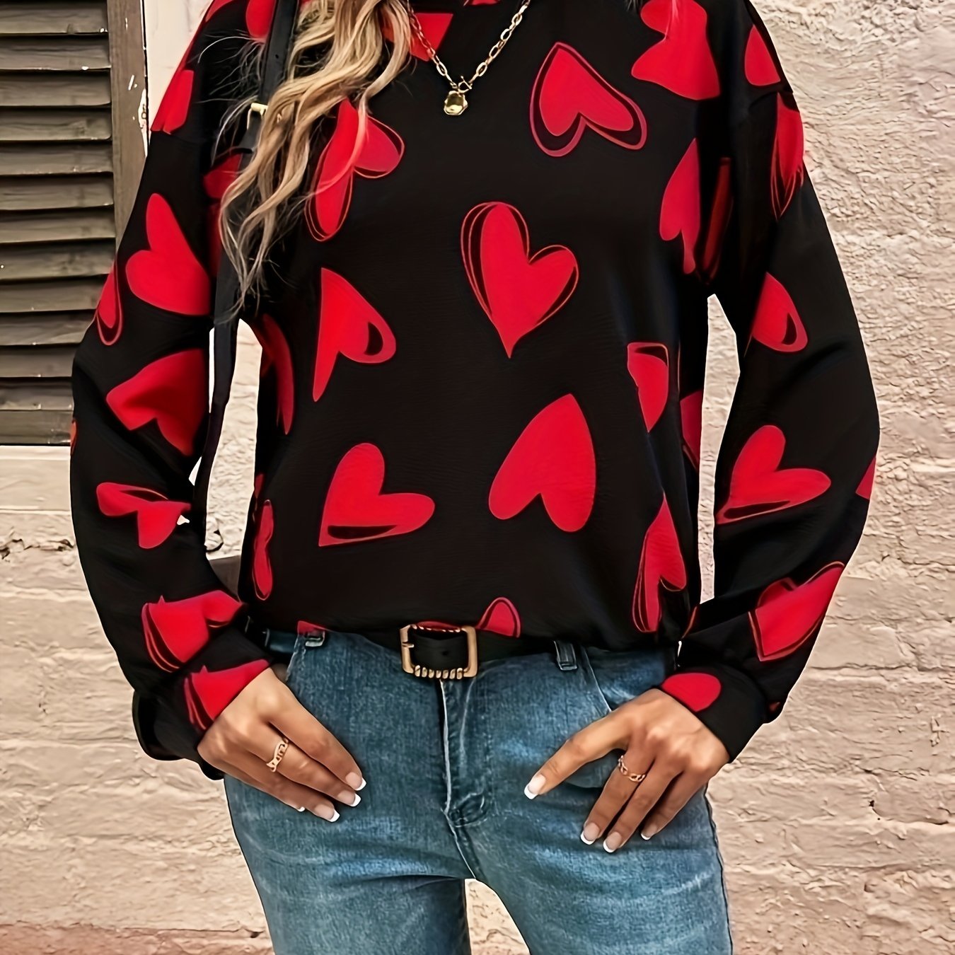 Heart Print Pullover Sweatshirt Crew Neck Long Sleeve for Spring & Fall