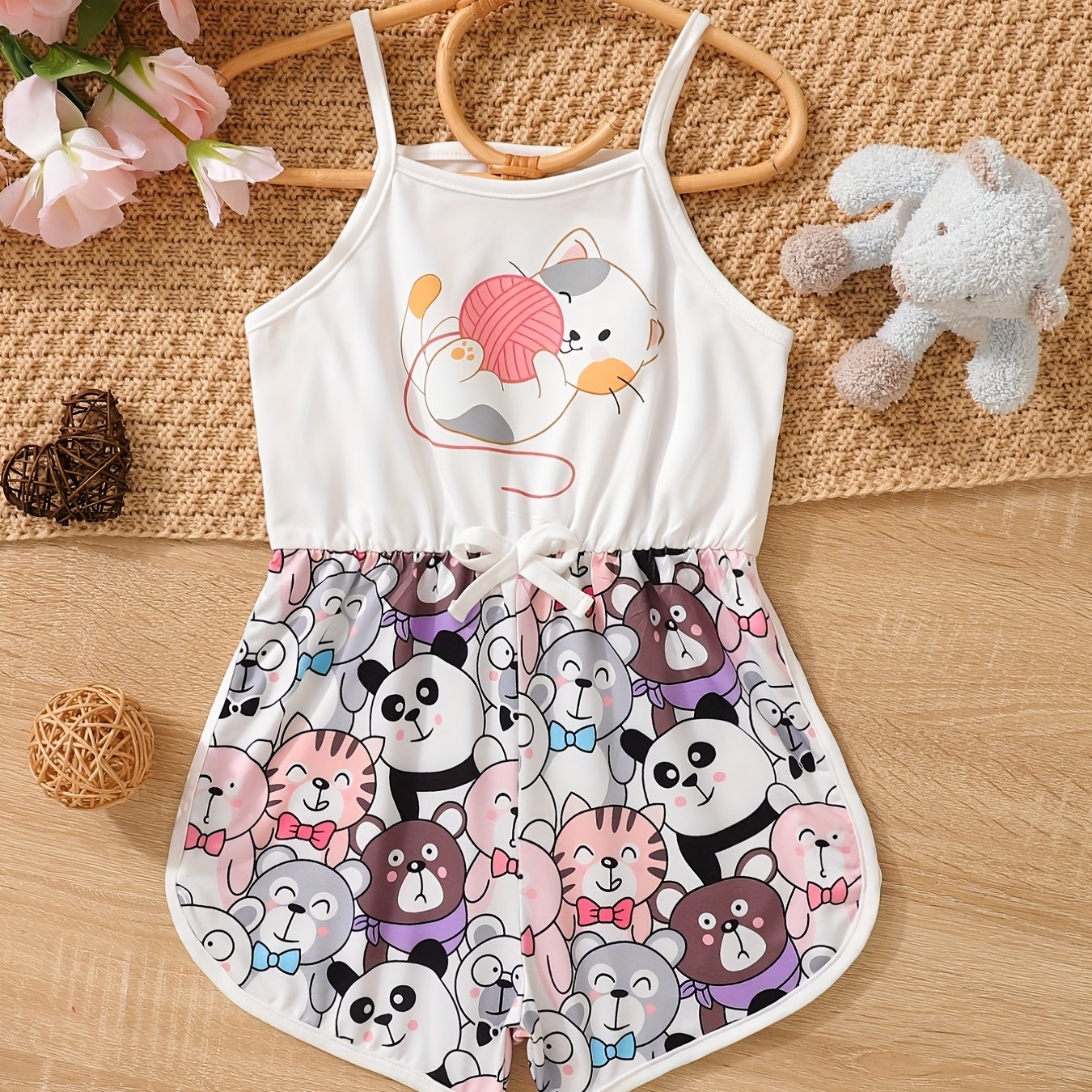 Toddler Girls Cat Graphic Bow Front Cami Romper Summer Clothes